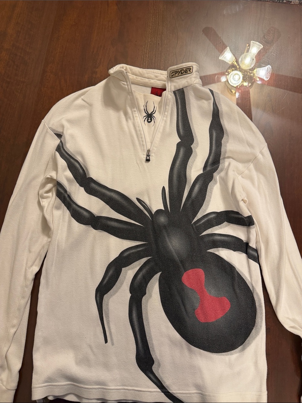 Spyder Men’s White Pullover Hoodie with Large Black Spider and Red Accent